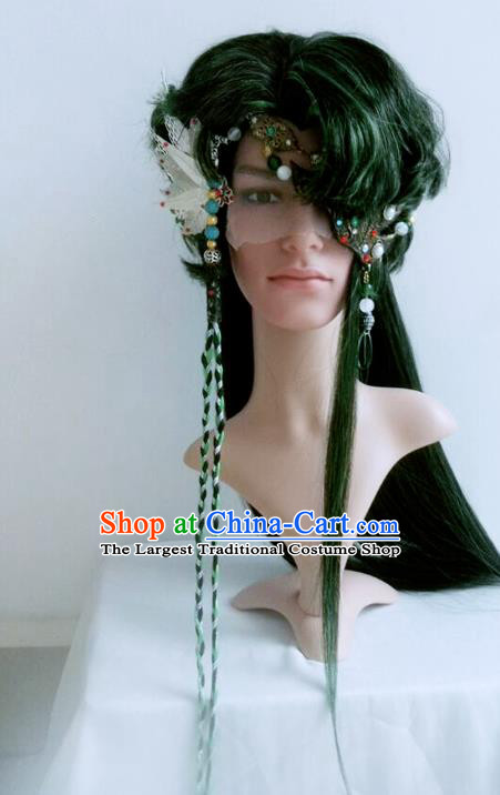 Handmade China Traditional Puppet Show Swordsman Hairpieces Ancient Demon Knight Headdress Cosplay Young Knight Green Wigs