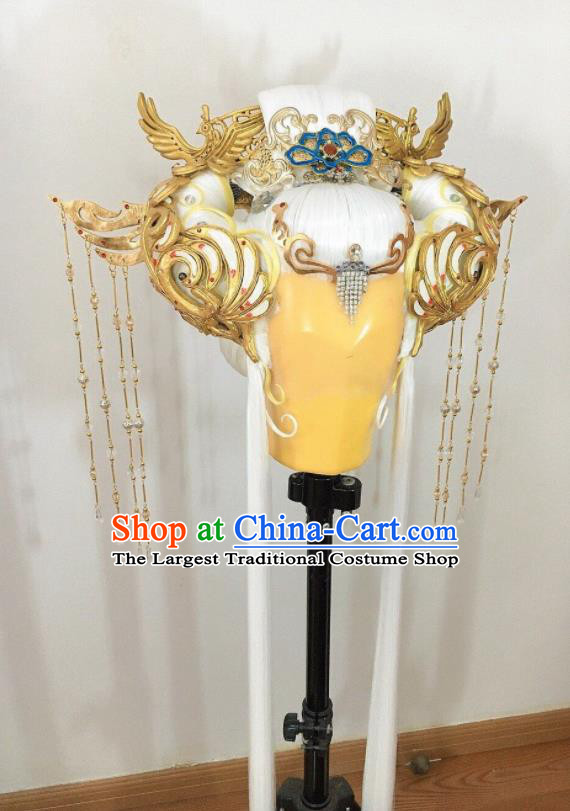 Chinese Cosplay Goddess Hair Accessories Ancient Queen White Wigs and Hair Crown Headwear Traditional Puppet Show Heaven Empress Hairpieces