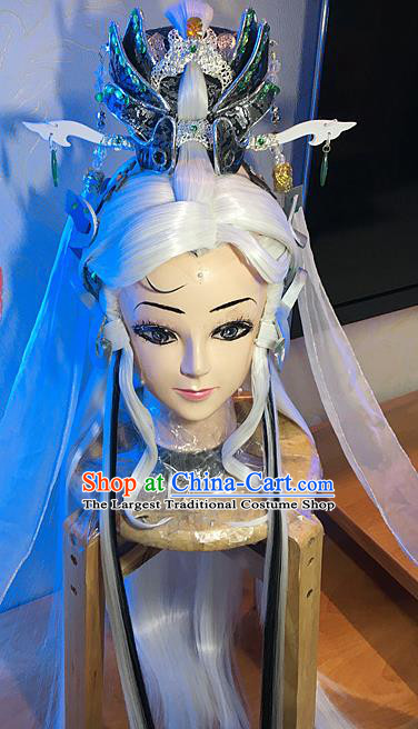 Handmade China Ancient Emperor Headdress Cosplay Swordsman White Wigs and Lotus Hair Crown Traditional Puppet Show Taoist Hairpieces