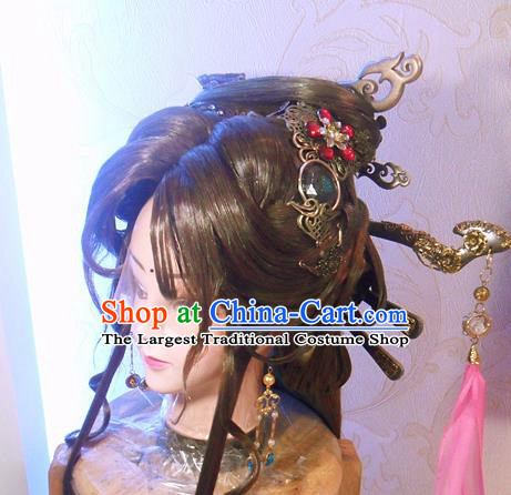 Chinese Cosplay Swordswoman Hair Accessories Ancient Queen Brown Wigs and Hairpins Headwear Traditional Puppet Show Cui Luohan Hairpieces