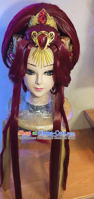 Chinese Traditional Puppet Show Goddess Hairpieces Cosplay Swordswoman Hair Accessories Ancient Queen Red Wigs and Hair Crown Headwear