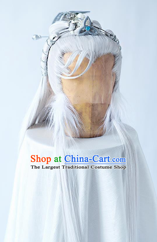 Handmade China Cosplay Swordsman Grey Wigs and Hair Crown Traditional Puppet Show Knight Hairpieces Ancient Chivalrous Hero Headdress