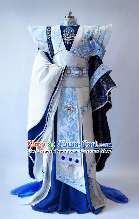 Custom China Ancient Royal Highness Garment Costumes Cosplay Swordsman Blue Outfits Puppet Show Murong Ning Clothing