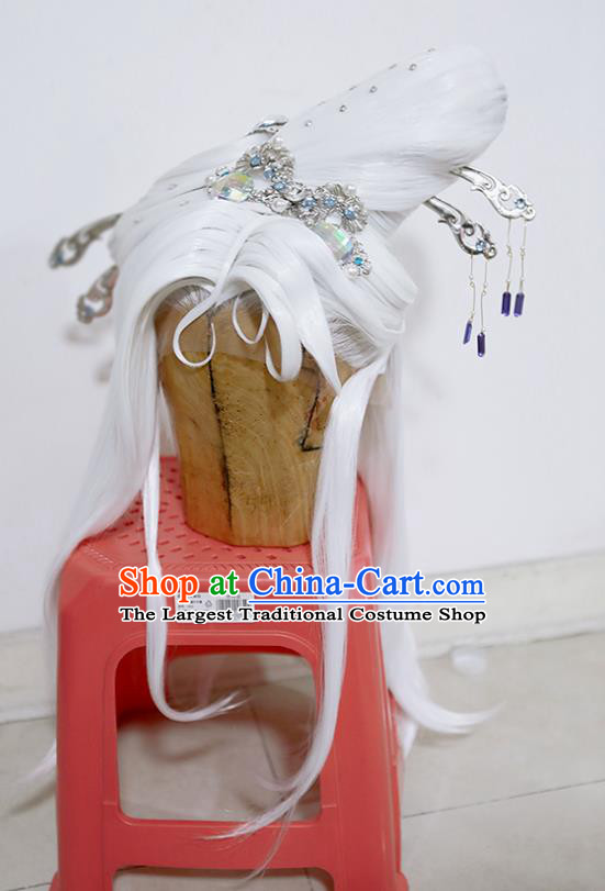 Chinese Traditional Puppet Show Ji Wuxia Hairpieces Cosplay Goddess Queen Hair Accessories Ancient Female Swordsman White Wigs and Hairpins Headwear