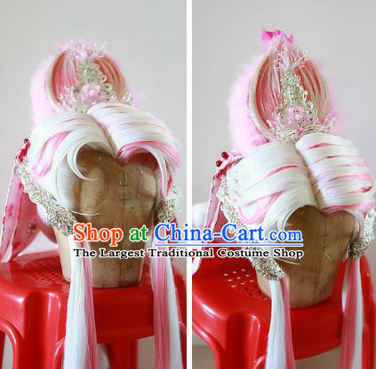 Chinese Traditional Puppet Show Queen Hairpieces Cosplay Goddess Hair Accessories Ancient Nymph Pink Wigs and Hair Crown Headwear