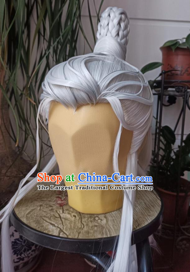 Handmade China Ancient Elderly Hero Headdress Cosplay Taoist Priest Gray Wigs Traditional Puppet Show Swordsman Hairpieces