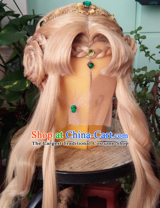 China Traditional Puppet Show Young Beauty Hair Accessories Cosplay Fairy Princess Hairpieces Ancient Swordswoman Golden Wigs