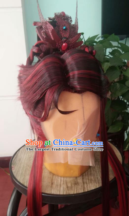 Chinese Handmade Puppet Show Shangguan Hongxin Headdress Traditional Cosplay Royal King Red Wigs Hairpieces Ancient Swordsman Periwig Hair Accessories