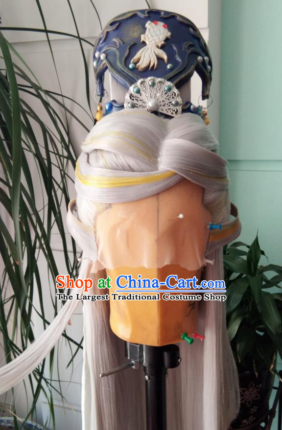 Chinese Traditional Cosplay Taoist Priest Gray Wigs and Hairdo Crown Hairpieces Ancient Patriarch Periwig Hair Accessories Handmade Puppet Show Headdress