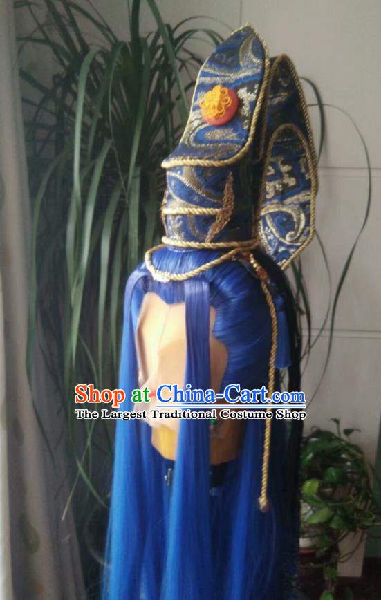 Chinese Handmade Puppet Show Headdress Traditional Cosplay Dragon King Blue Wigs and Hairdo Crown Hairpieces Ancient Patriarch Periwig Hair Accessories