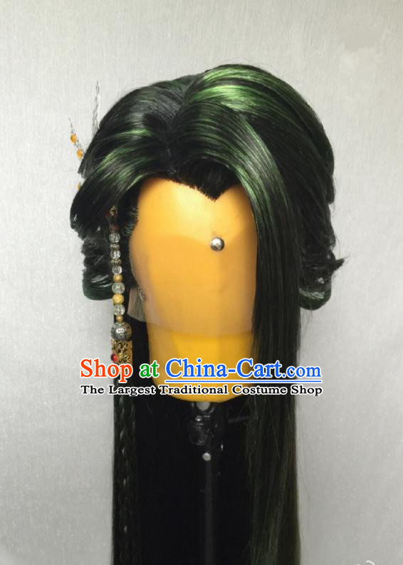 Chinese Handmade Puppet Show Swordsman Headdress Traditional Cosplay Demon Prince Green Wigs Hairpieces Ancient Young Hero Periwig Hair Accessories