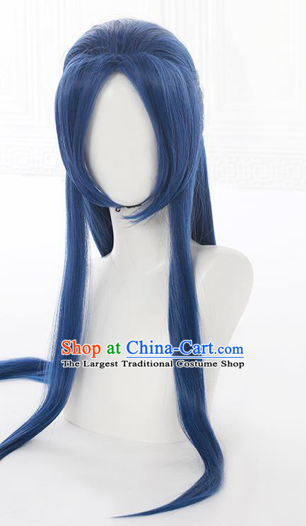 Chinese Traditional Young Knight Blue Wigs Hairpieces Ancient Swordsman Periwig Hair Accessories Handmade Cosplay Hero Headdress