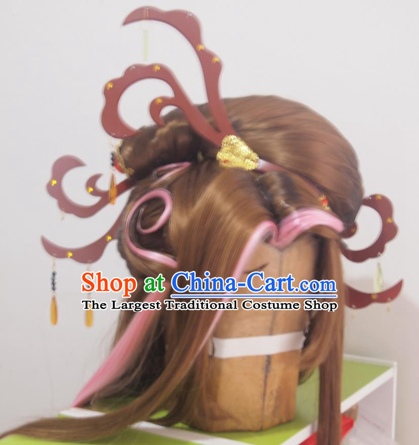 China Cosplay Goddess Hairpieces Ancient Queen Brown Wigs Headdress Traditional Puppet Show Bu Chenxiang Hair Accessories