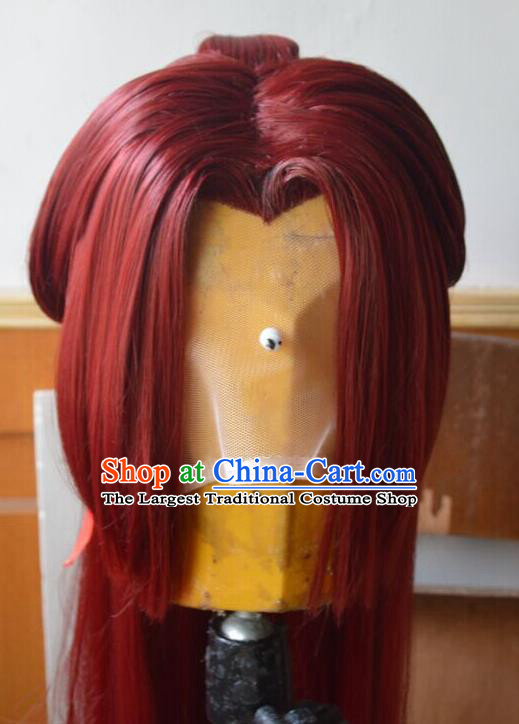 Chinese Traditional Puppet Show Red Wigs Hairpieces Ancient Chivalrous Male Periwig Hair Accessories Handmade Cosplay Swordsman Headdress