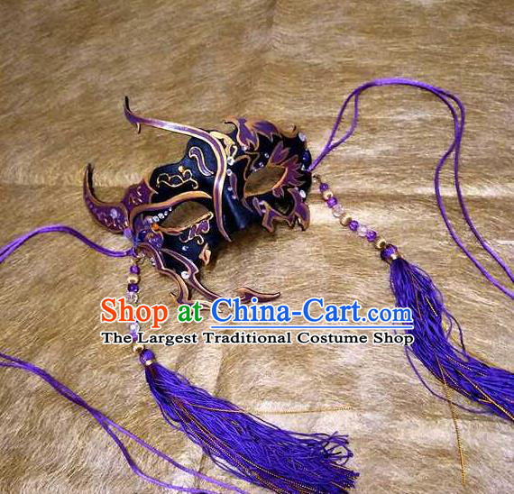 Custom Chinese Puppet Show Purple Tassel Masque Props Handmade Swordsman Face Accessories Cosplay Performance Mask