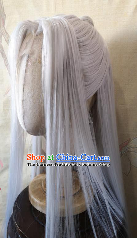 Chinese Traditional Hanfu Handmade Gray Front Lace Wigs Headdress Ancient Noble Childe Hair Accessories Cosplay Swordsman Hairpieces