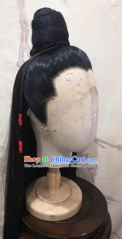 Chinese Cosplay Swordsman Hairpieces Traditional Opera Handmade Front Lace Wigs Headdress Ancient Noble Childe Hair Accessories