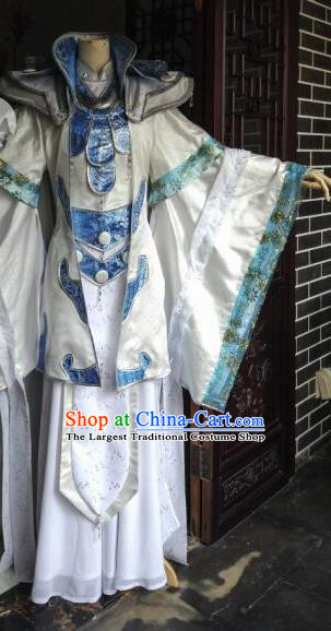 China Cosplay King Apparels Ancient Royal Highness White Robe Clothing Traditional Puppet Show Yu Xingyi Garment Costumes