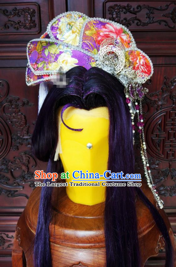 China Traditional Puppet Show Young Beauty Hair Accessories Cosplay Queen Purple Wigs and Hair Crown Headwear Ancient Empress Hairpieces