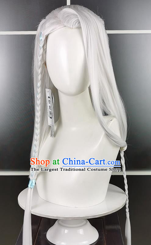 Chinese Traditional Hanfu White Wigs Headdress Ancient Swordsman Hair Accessories Cosplay Young Hero Hairpieces