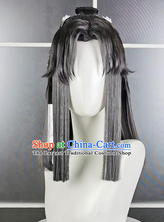 Chinese Cosplay Penglai Prince Hairpieces Traditional Handmade Front Lace Wigs Headdress Ancient Swordsman Hair Accessories