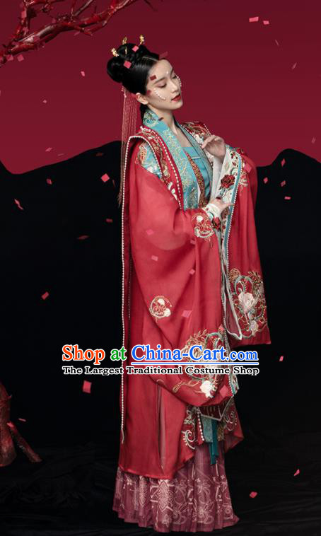 China Song Dynasty Empress Red Hanfu Dress Apparels Traditional Wedding Historical Clothing Ancient Court Beauty Garment Costumes