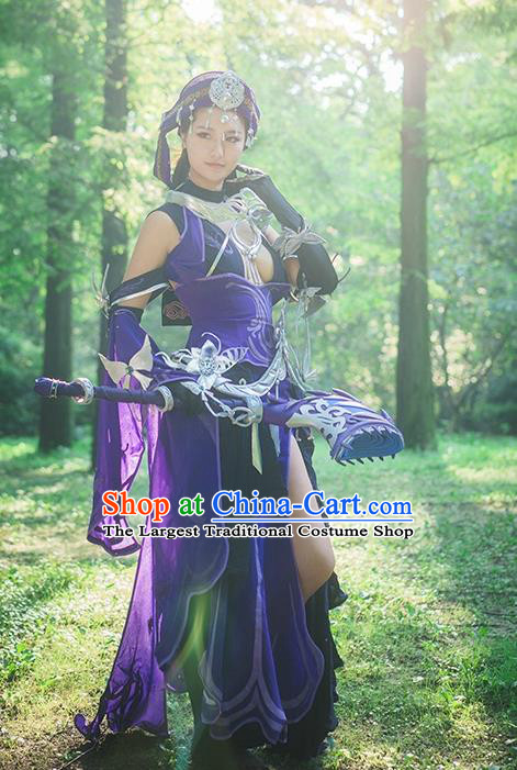 Custom Chinese Traditional Female Warrior Purple Dress Outfits Ancient Princess Clothing Cosplay Swordswoman Garment Costumes