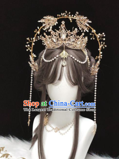 Handmade Halloween Performance Hair Accessories Baroque Queen Tiara and Aureole Headpieces Cosplay Goddess Royal Crown