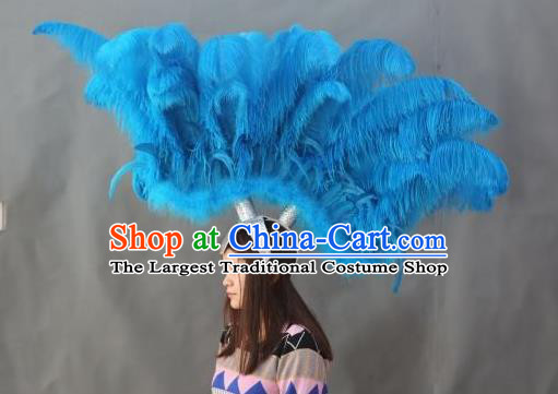 Handmade Samba Dance Hair Accessories Rio Carnival Blue Ostrich Feather Hat Halloween Cosplay Headwear Stage Performance Giant Hair Crown