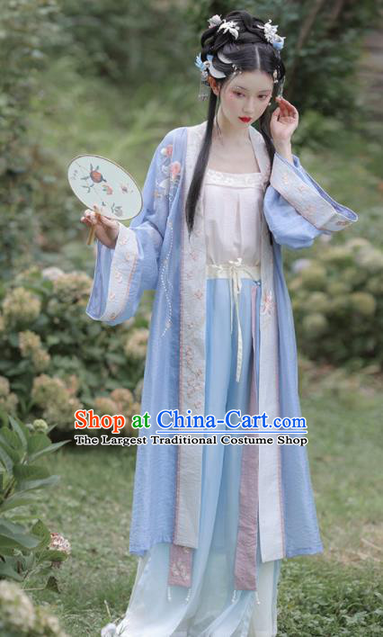 China Ancient Young Lady Garment Costumes Song Dynasty Historical Clothing Traditional Civilian Woman Blue Hanfu Dress Uniforms