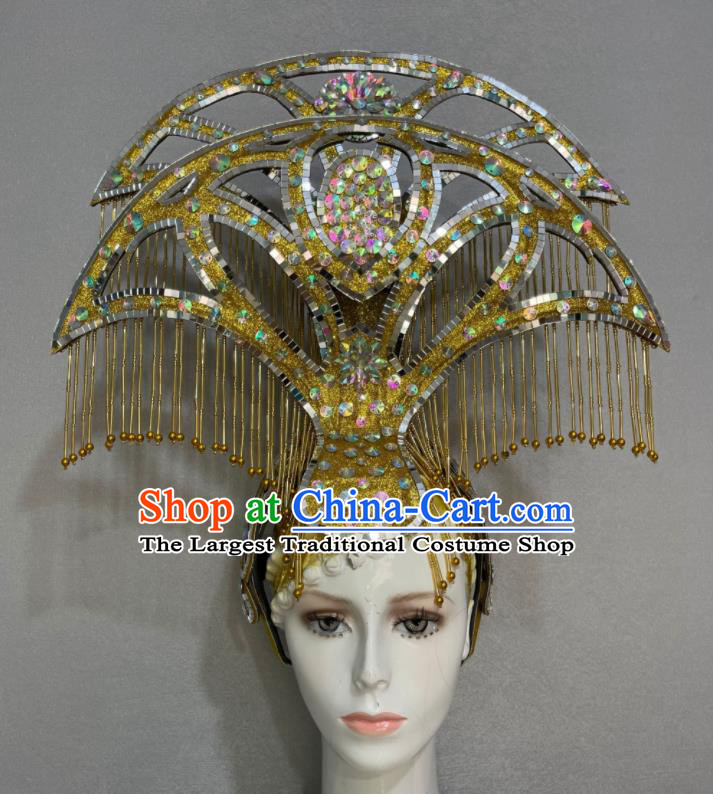 Custom Halloween Catwalks Headdress Brazil Parade Giant Hat Samba Dance Hair Accessories Opening Dance Golden Bells Tassel Hair Crown