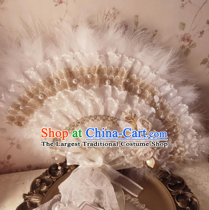 Handmade White Lace Fan Wedding Feather Fan Western Noble Lady Folding Fan European Princess Embroidery Pearls Fan