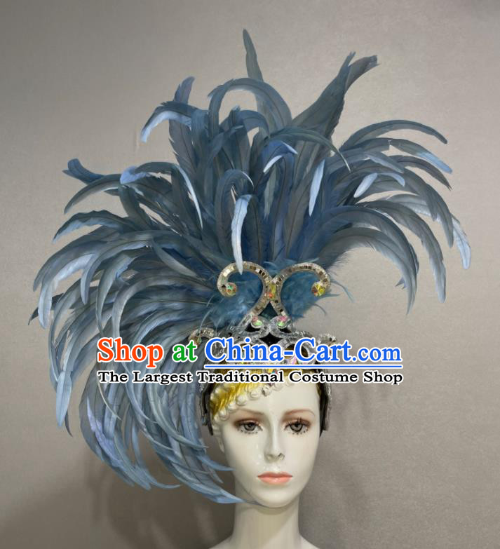 Custom Halloween Catwalks Giant Hair Crown Opening Dance Headdress Brazil Parade Blue Feather Hat Samba Dance Hair Accessories