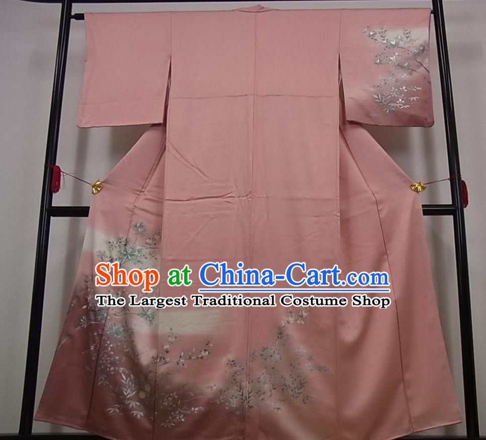 Japanese Traditional Hanabi Taikai Clothing Classical Bamboo Leaf Pattern Kimono Costume Young Woman Pink Silk Yukata Dress