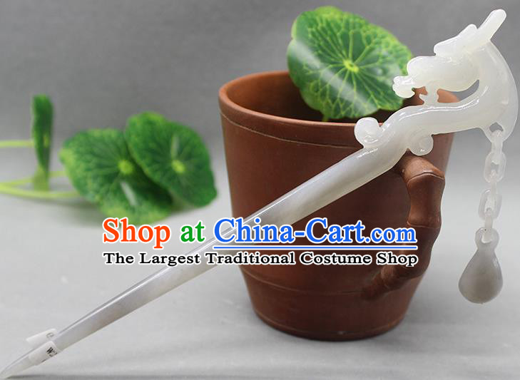 China Handmade Jade Carving Dragon Hairpin Traditional Hair Accessories Ancient Swordsman Tassel Hair Stick Classical Headpiece