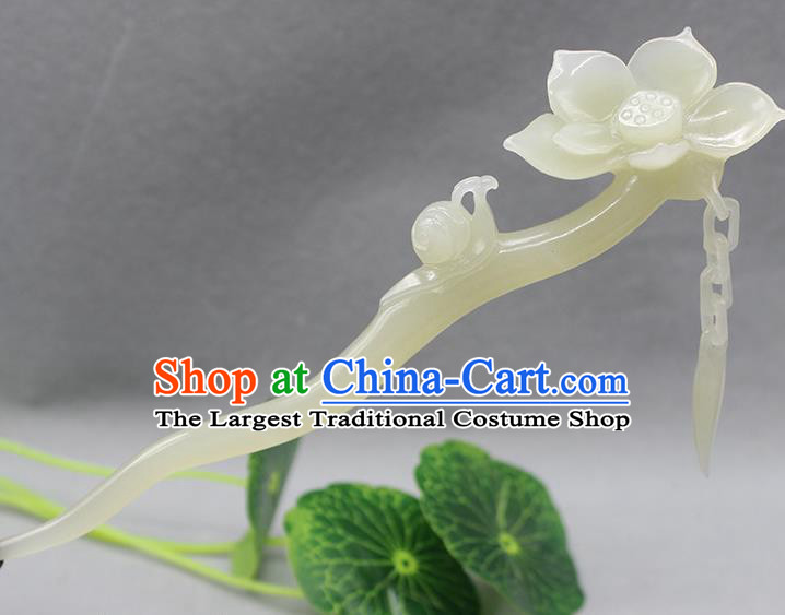 China Classical Hanfu Headpiece Handmade Jade Carving Lotus Hairpin Traditional Hair Accessories Ancient Empress Tassel Hair Stick