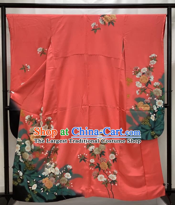 Japanese Wedding Bride Red Silk Yukata Dress Traditional Ceremony Clothing Classical Camellia Pattern Furisode Kimono Costume