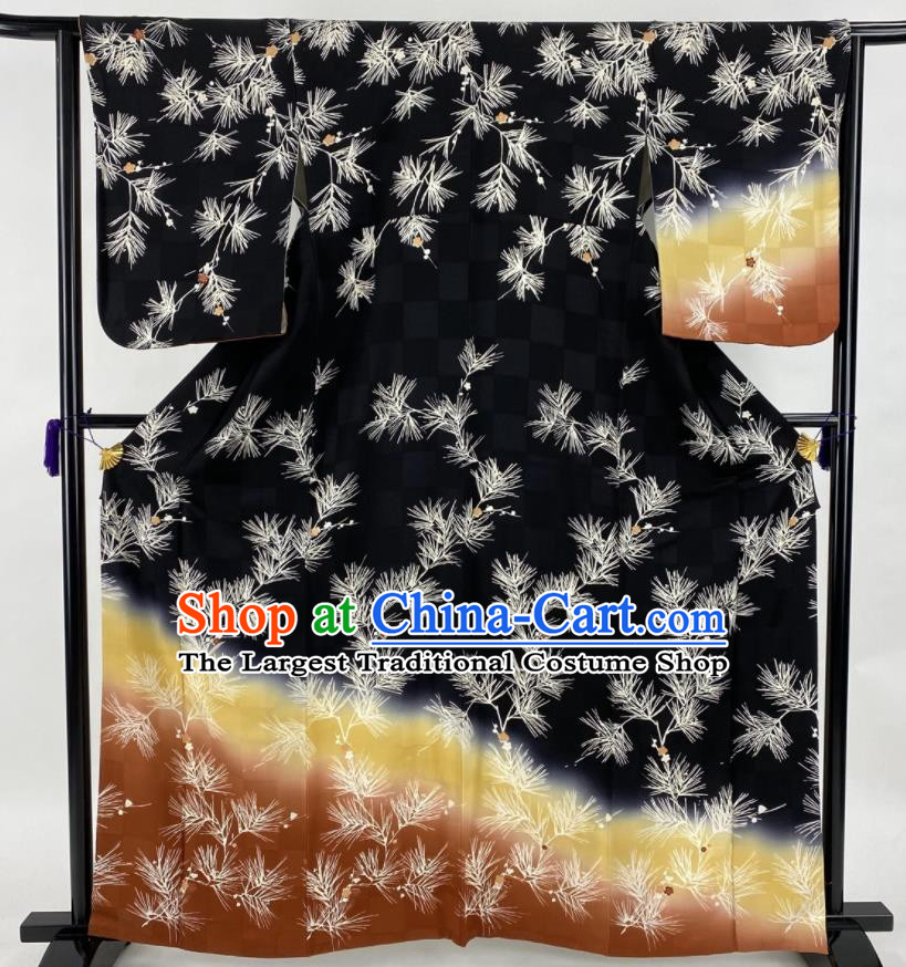 Japanese Elderly Woman Black Yukata Dress Traditional Ceremony Clothing Classical Dandelion Pattern Tsukesage Kimono Costume