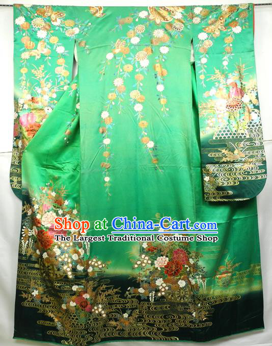 Japanese Classical Peony Flowers Pattern Furisode Kimono Costume Court Woman Green Silk Yukata Dress Traditional Wedding Bride Clothing