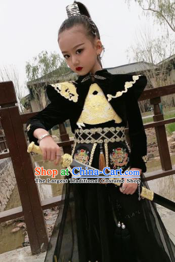 Chinese Stage Show Fashion Girl Catwalk Clothing Chivalrous Garment Costume Children Kung Fu Performance Black Dress