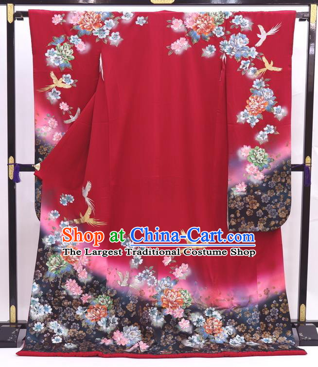 Japanese Classical Flowers Bird Pattern Furisode Kimono Costume Wedding Bride Wine Red Yukata Dress Traditional Geisha Performance Clothing