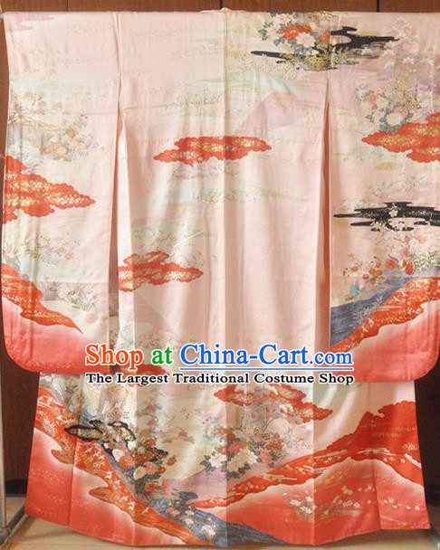 Japanese Classical Flowers Pattern Furisode Kimono Costume Wedding Bride Pink Silk Yukata Dress Traditional Court Princess Clothing