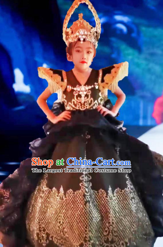 Custom Baroque Queen Fashion Piano Recital Formal Clothing Girl Catwalks Garment Costumes Stage Show Black Trailing Full Dress