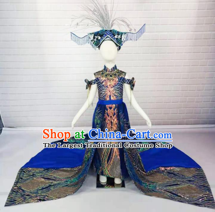 Custom Modern Dance Fashion Baroque Princess Clothing Girl Catwalks Garment Costumes Stage Show Royalblue Trailing Full Dress