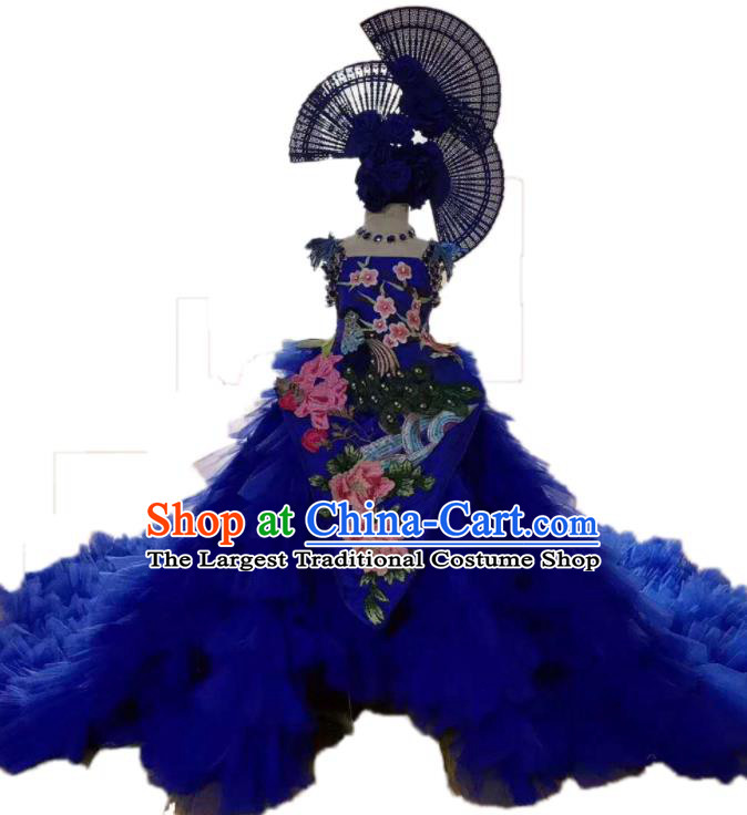 Custom European Princess Embroidered Clothing Girl Catwalks Garment Costumes Stage Show Royalblue Veil Trailing Full Dress Modern Dance Fashion