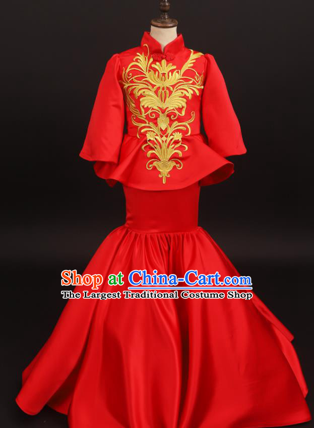 Chinese Children Compere Red Fishtail Dress Stage Show Fashion Girl Catwalk Clothing Classical Dance Garment Costume