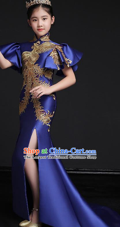 Chinese Classical Dance Garment Costume Children Compere Royalblue Full Dress Stage Show Fashion Girl Catwalk Embroidered Phoenix Clothing