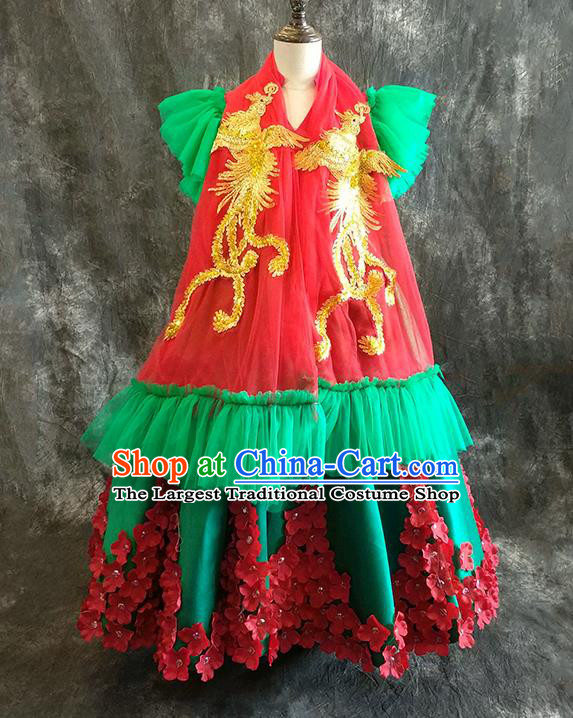 Chinese Girl Catwalk Embroidered Phoenix Clothing Classical Dance Garment Costume Children Compere Green Full Dress Stage Show Fashion