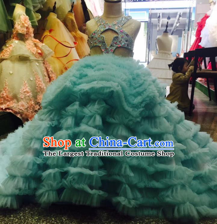 Custom Baroque Princess Fashion Piano Recital Clothing Children Catwalks Garment Costume Christmas Performance Blue Veil Trailing Full Dress