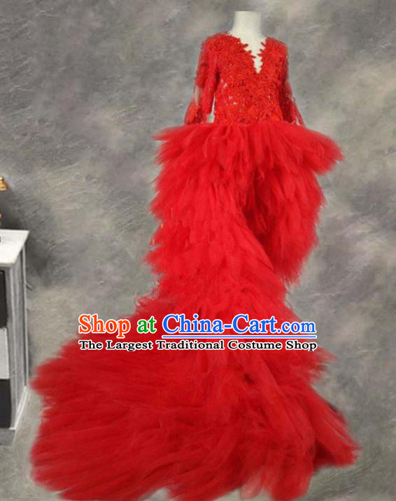 Custom Christmas Performance Red Veil Trailing Full Dress Baroque Princess Fashion Piano Recital Clothing Children Catwalks Garment Costume